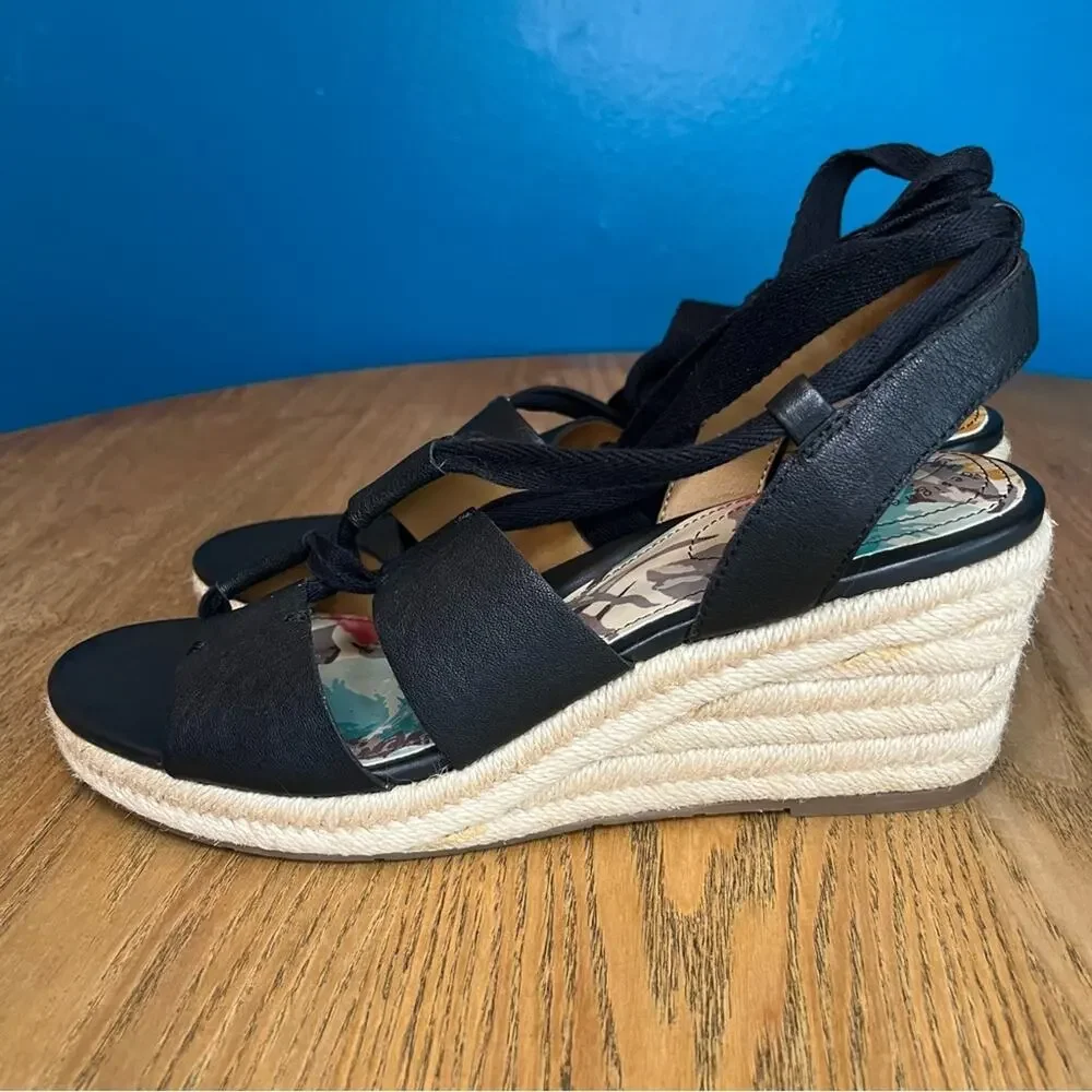Patricia Nash Riva Wedge Espadrille Black Lace Up Ankle Wrap Sandals Women’s 10